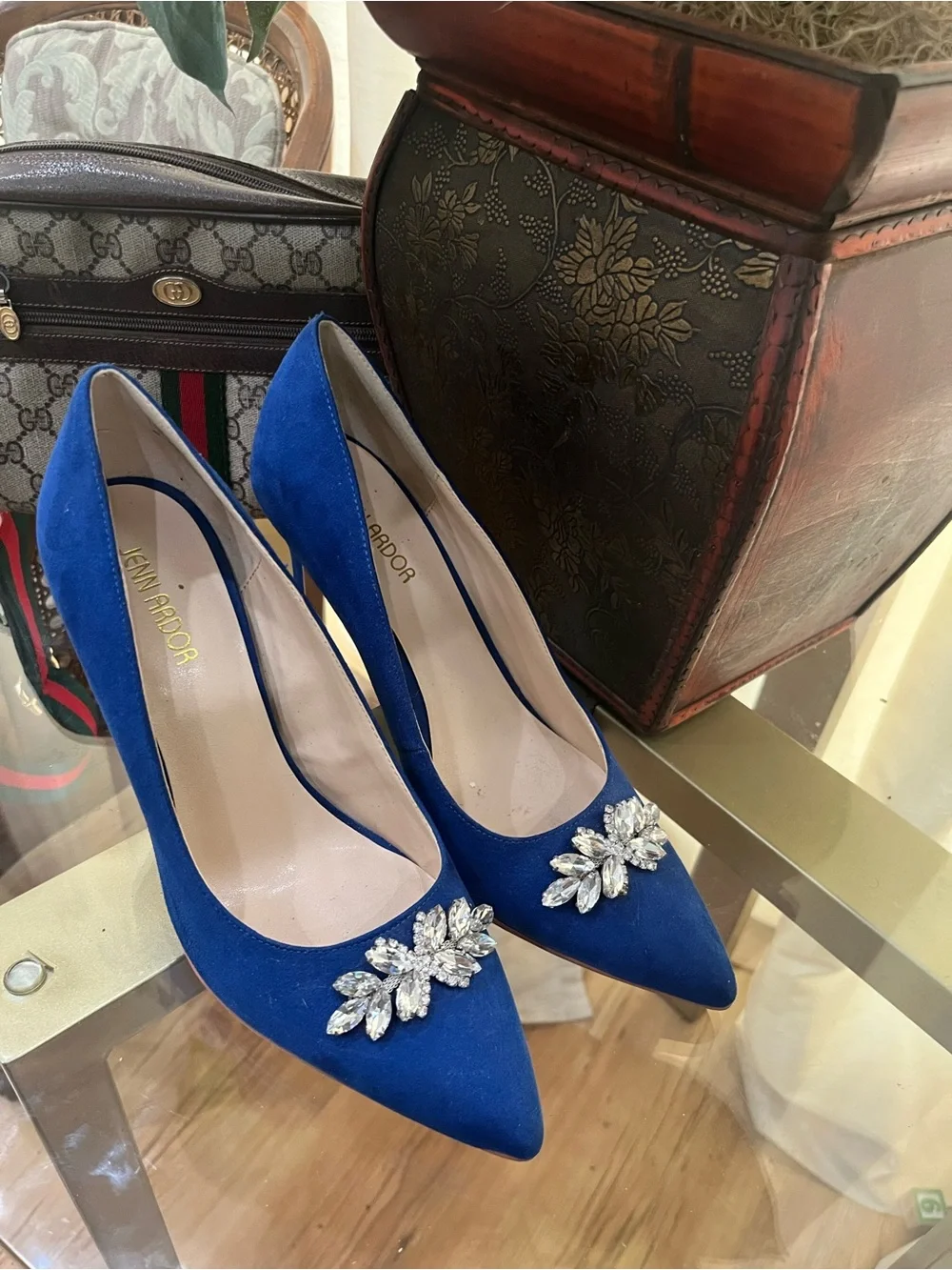 Wedding Shoes / Women’s Royal Blue Pointed Toe Embellished Pumps/ Something Blue